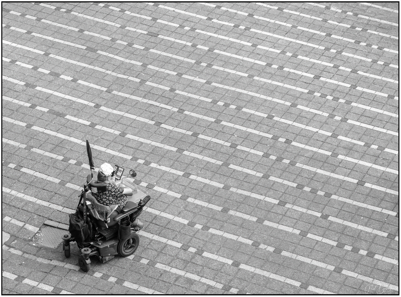 A person rides a small motorized scooter across a patterned paved surface.