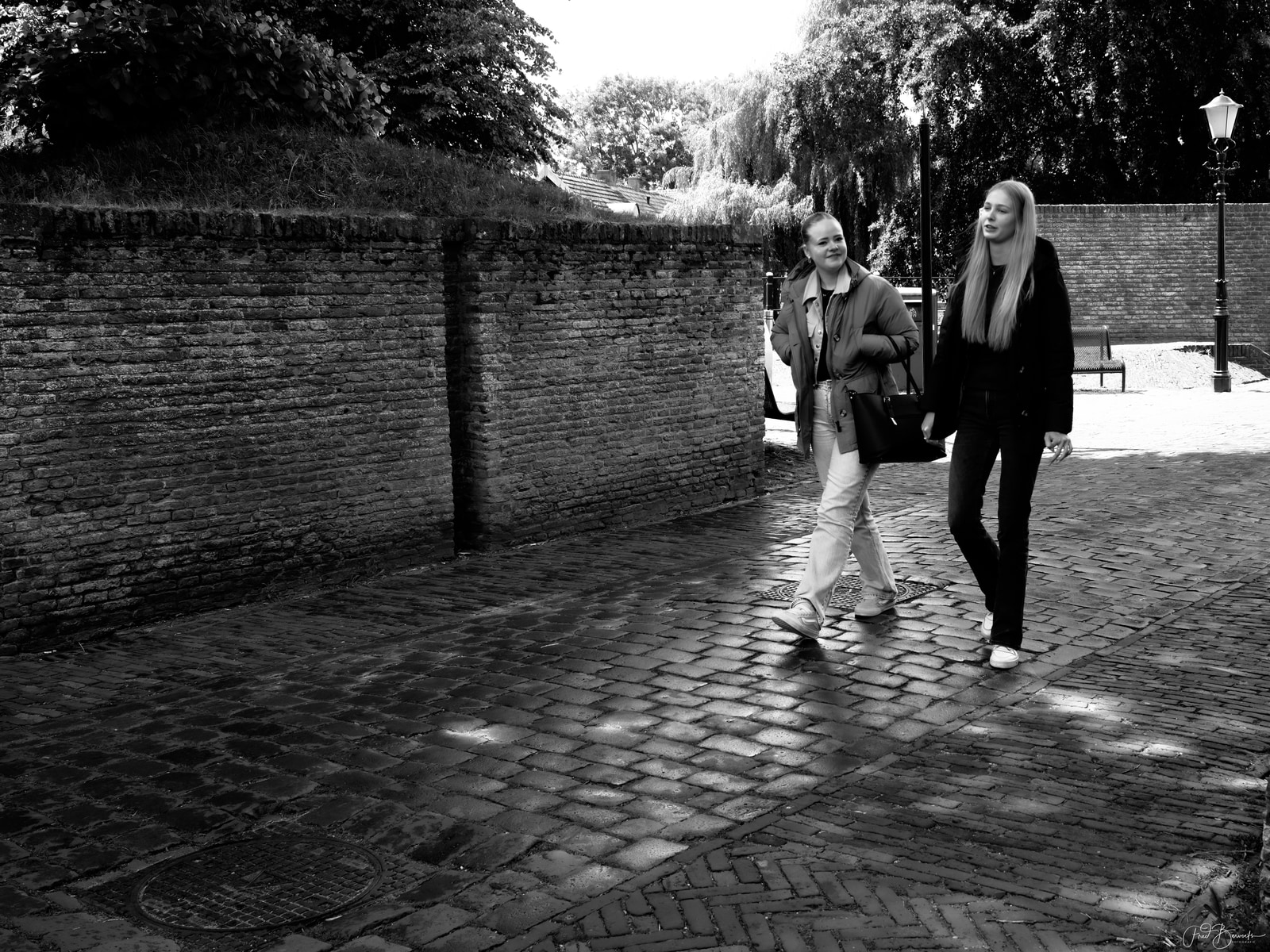 Two people walk side by side along a narrow brick-paved alleyway bordered by a tall brick wall and trees.