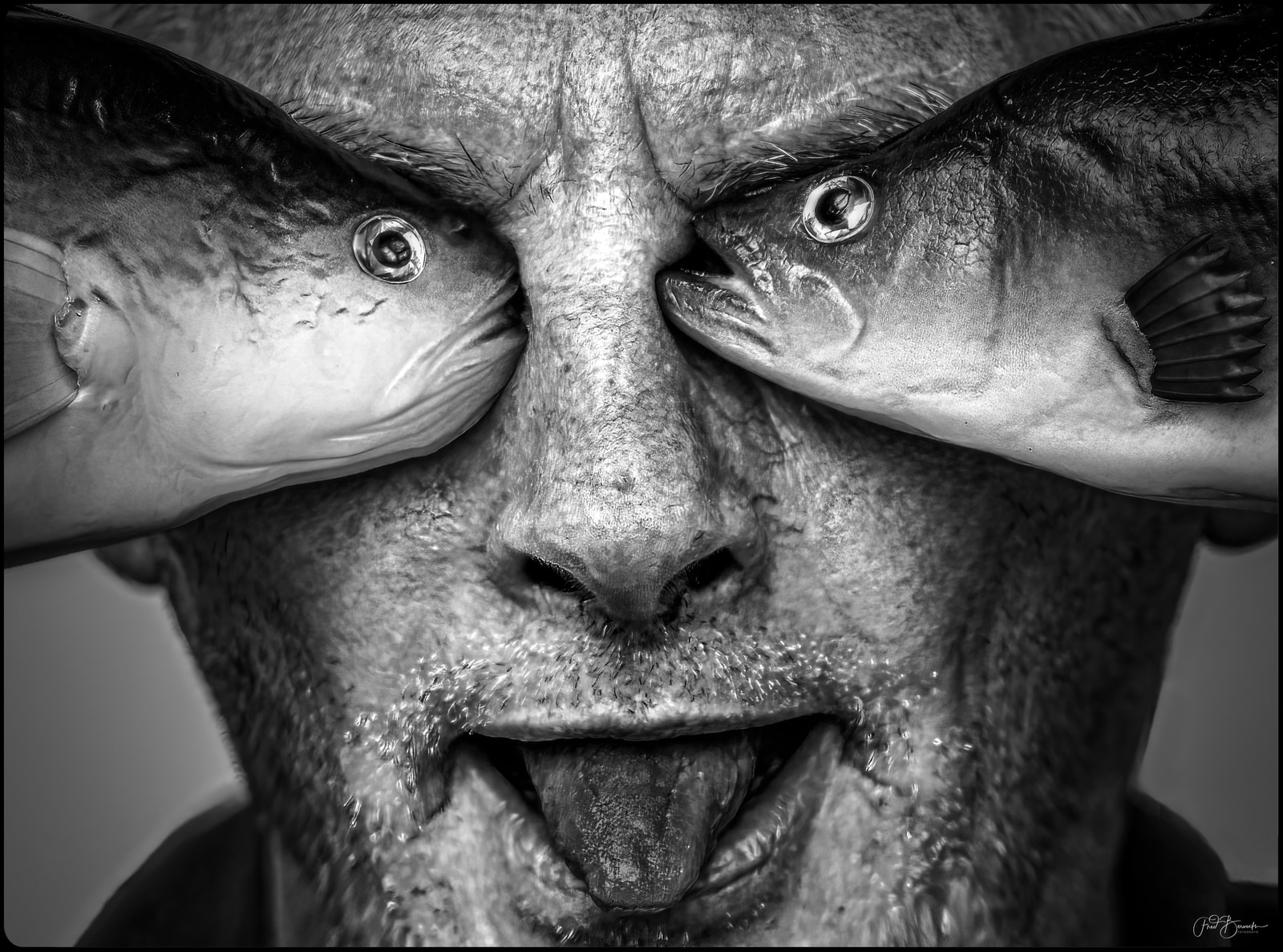 An elderly man with a thick beard has two fish clamped to his cheeks, one on each side, as if he were wearing them as glasses.