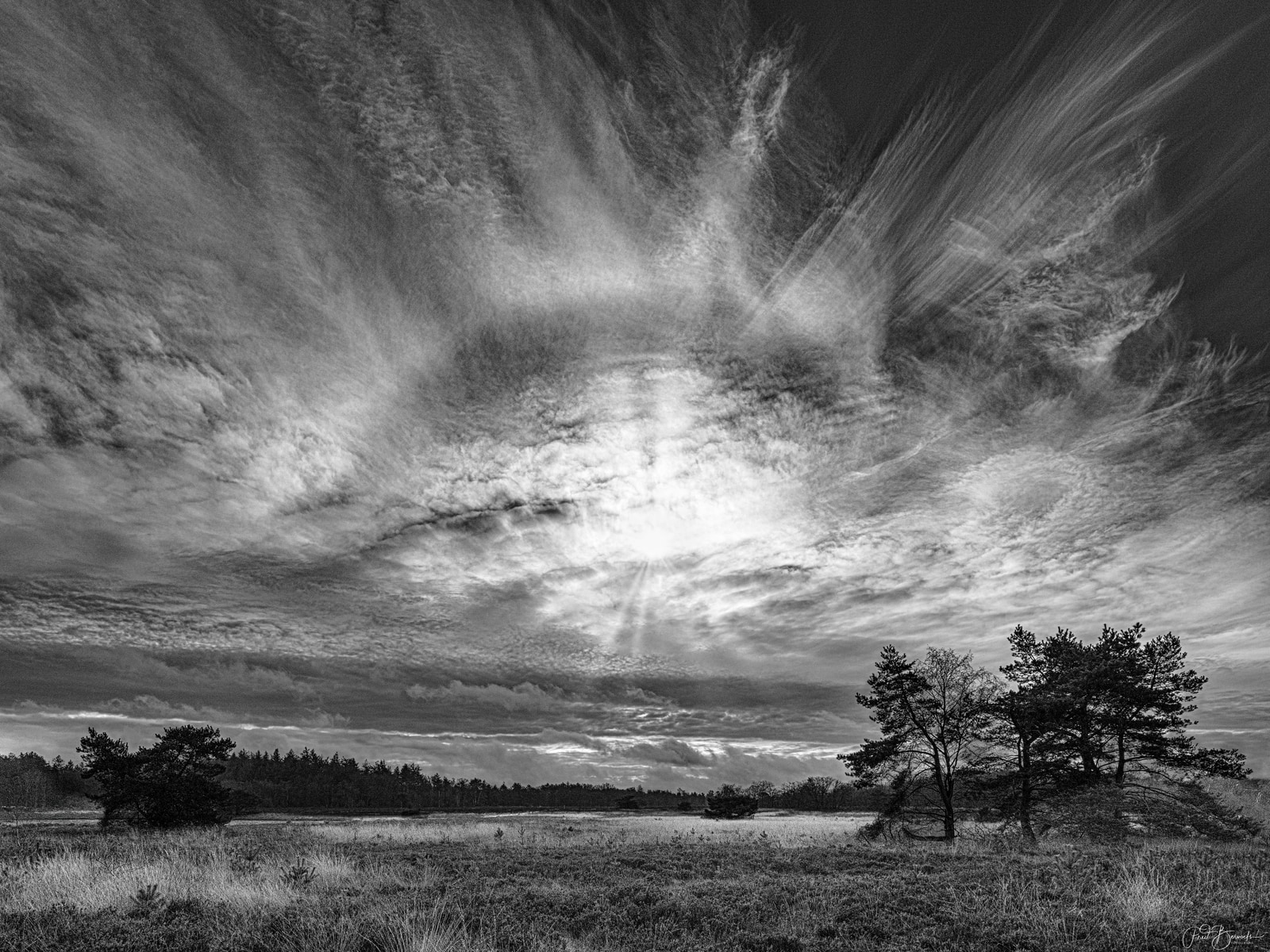 A vast field stretches under a dramatic sky with swirling clouds and a bright sun breaking through, framed by a few scattered trees on the horizon.