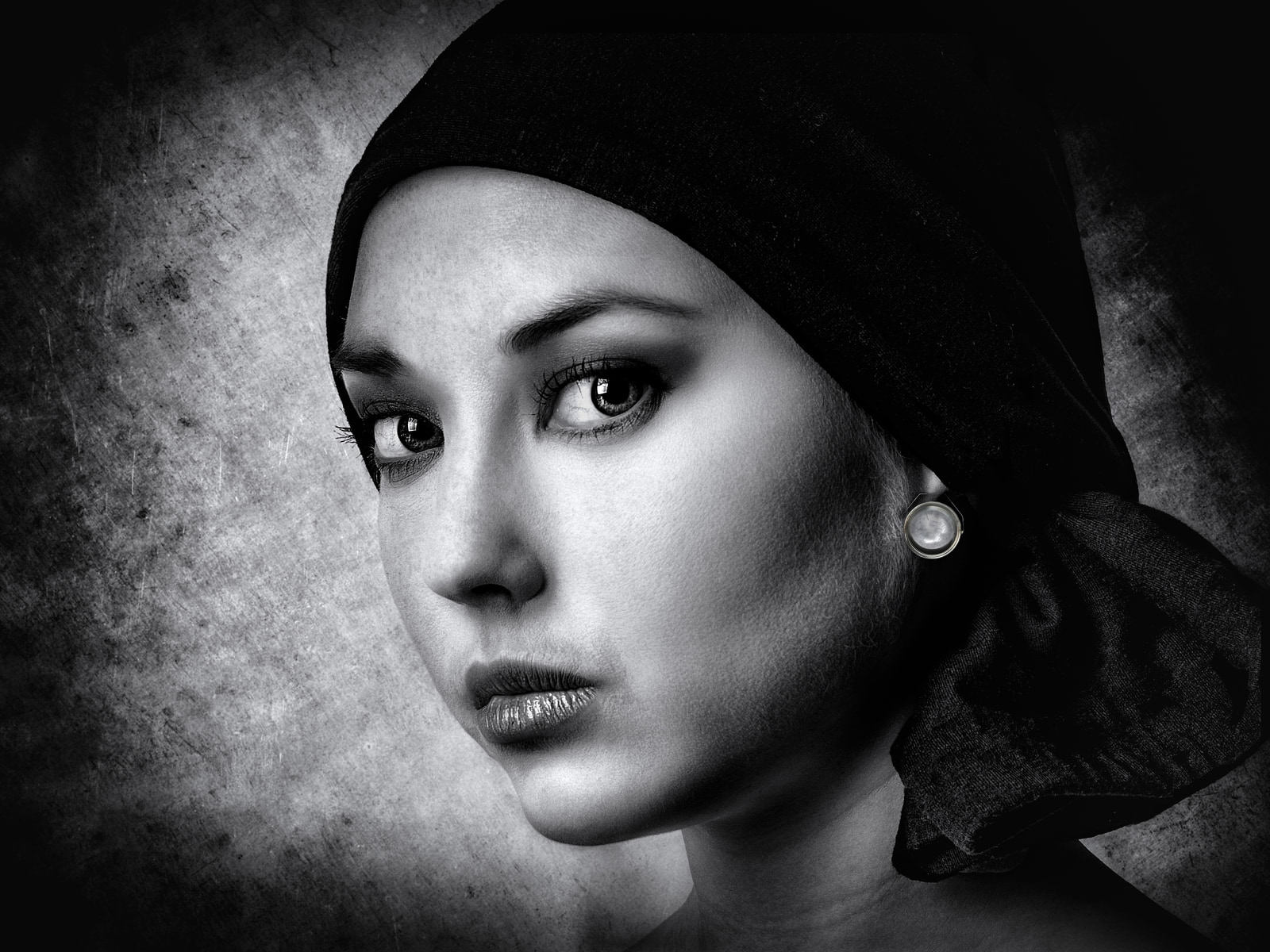 A close-up portrait of a person wearing a dark head covering, with a textured background.