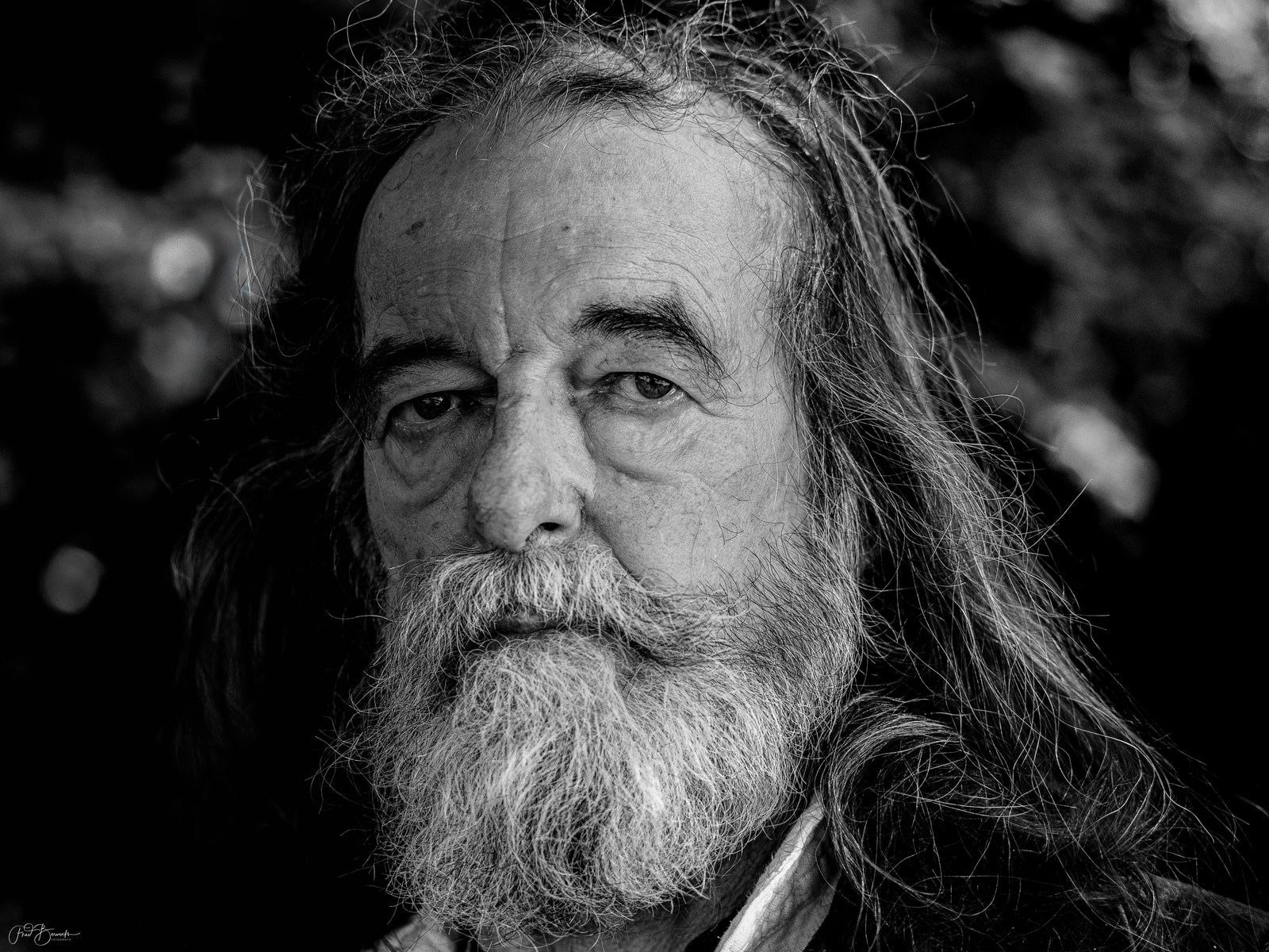A man with long hair and a full beard gazes directly at the camera.