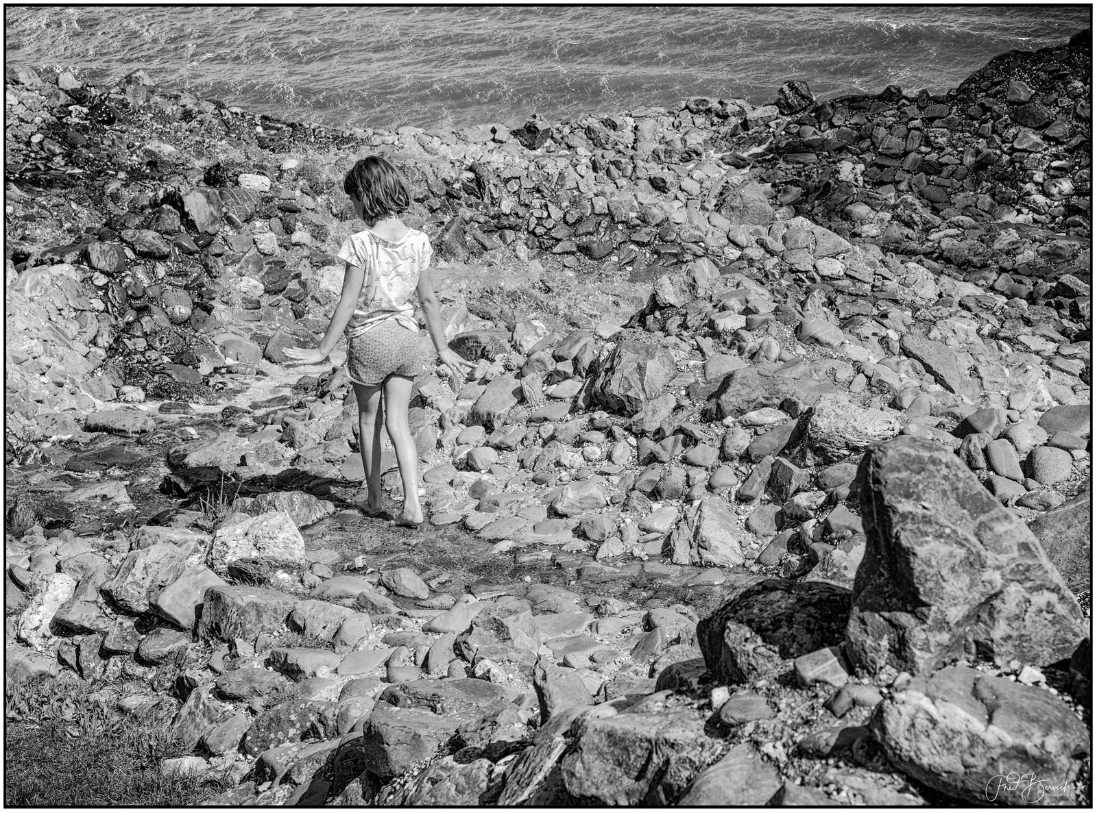 A young person stands on a rocky outcrop, facing away from the viewer, overlooking a body of water.