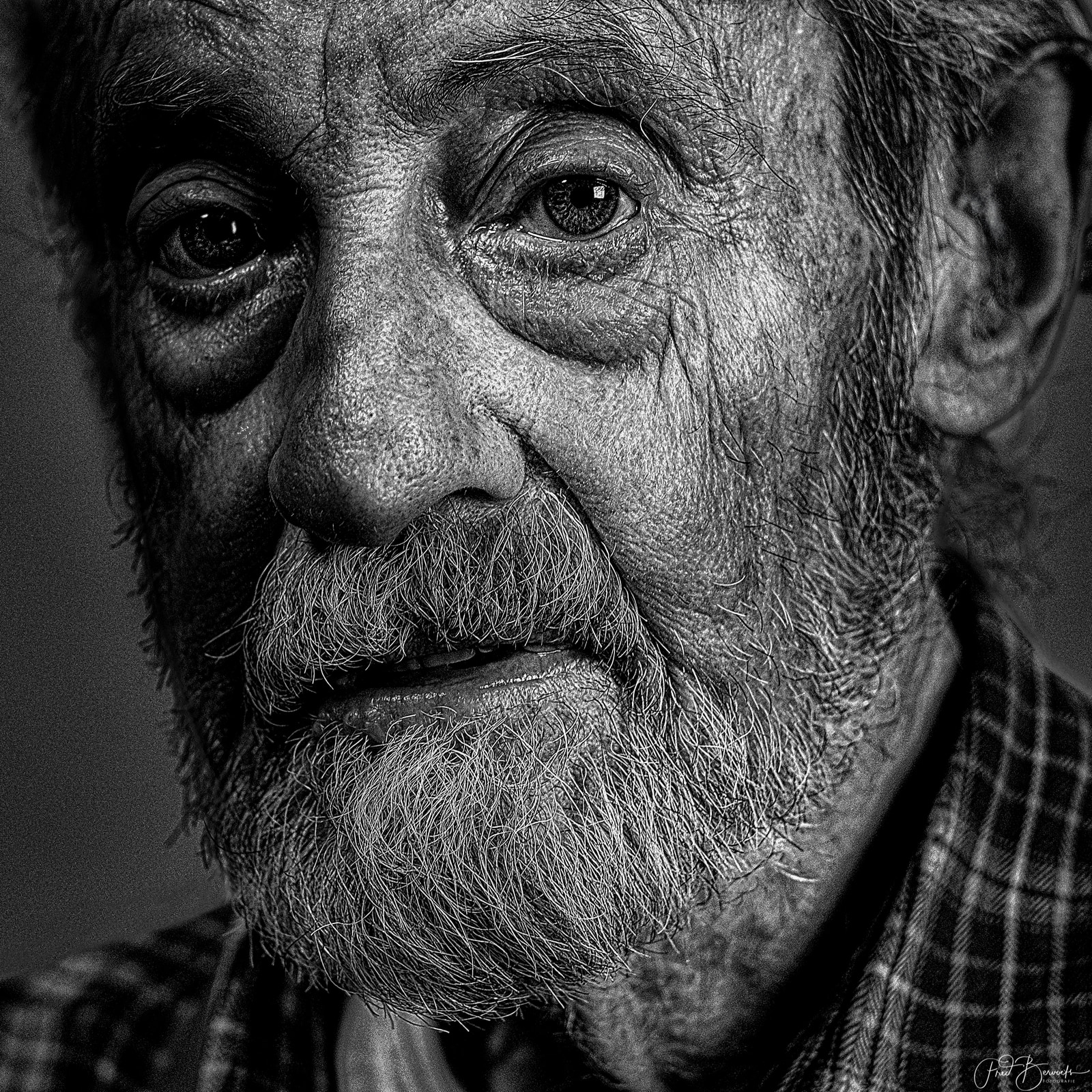 An elderly man with a thick beard and mustache gazes directly at the camera.
